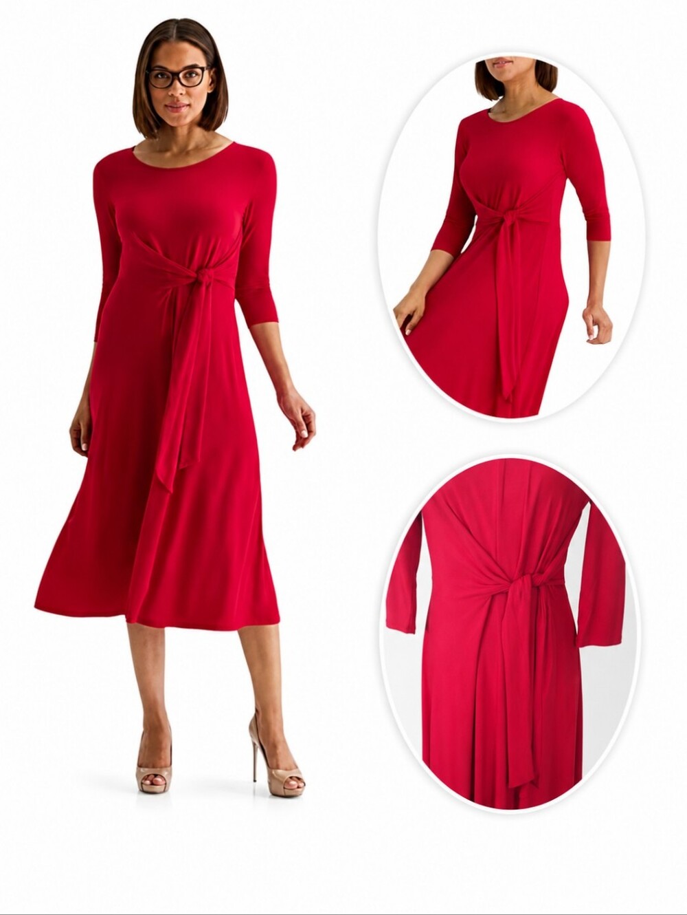 Red Knit 3/4 Sleeve Midi Fit + Flare Waist sash Tie Dress Office Siren EUC Sz S